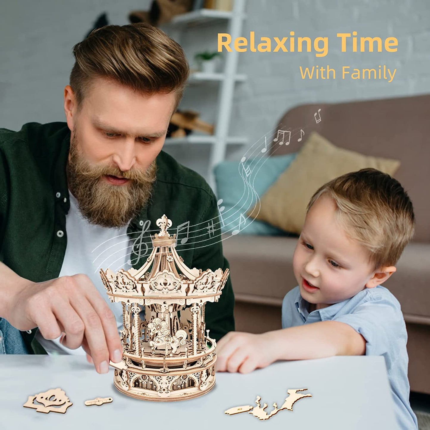 Robotime Rokr 3D Wooden Puzzles Construction Model Kit DIY Music Box Building Kits Rotating - Romantic Carousel