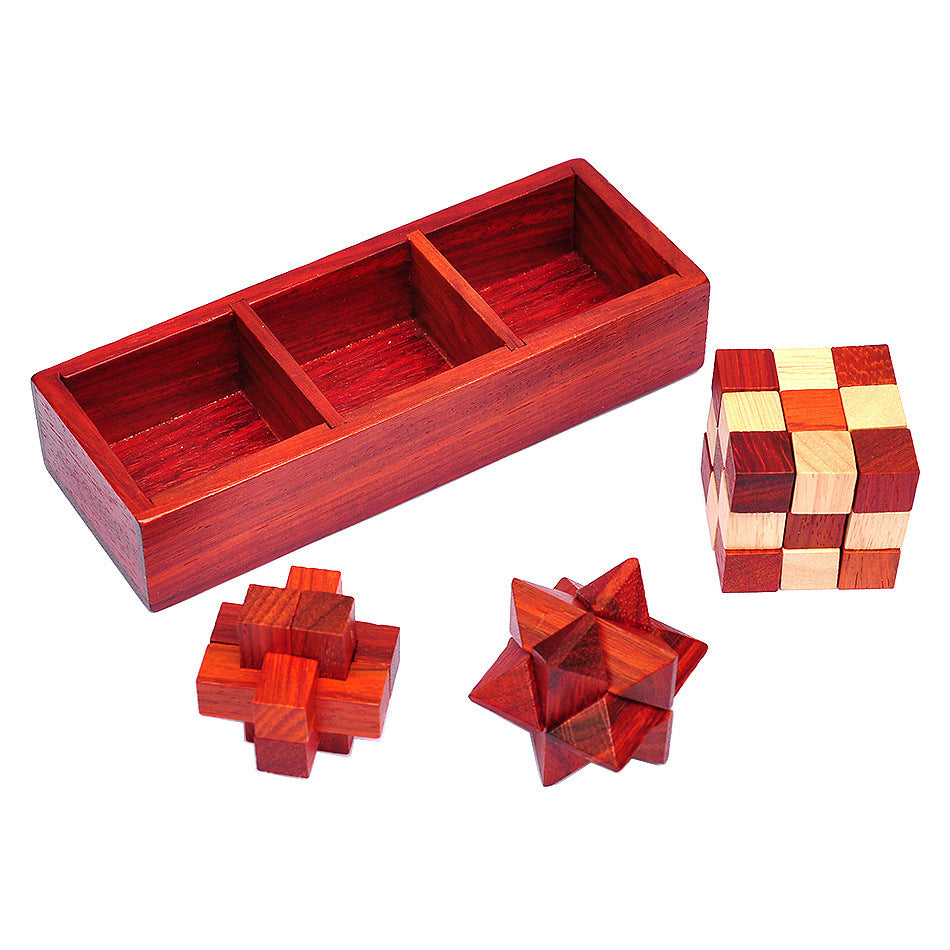 3 In 1 Set Vintage Style Wood Box Packed IQ Wooden Brain Teaser Puzzles Game Toys